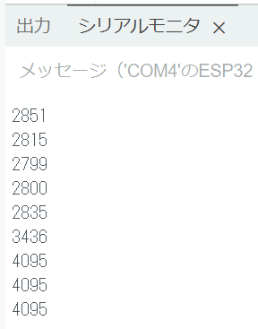 シリアルモニタを拡大（AD変換後のデジタル値が表示）