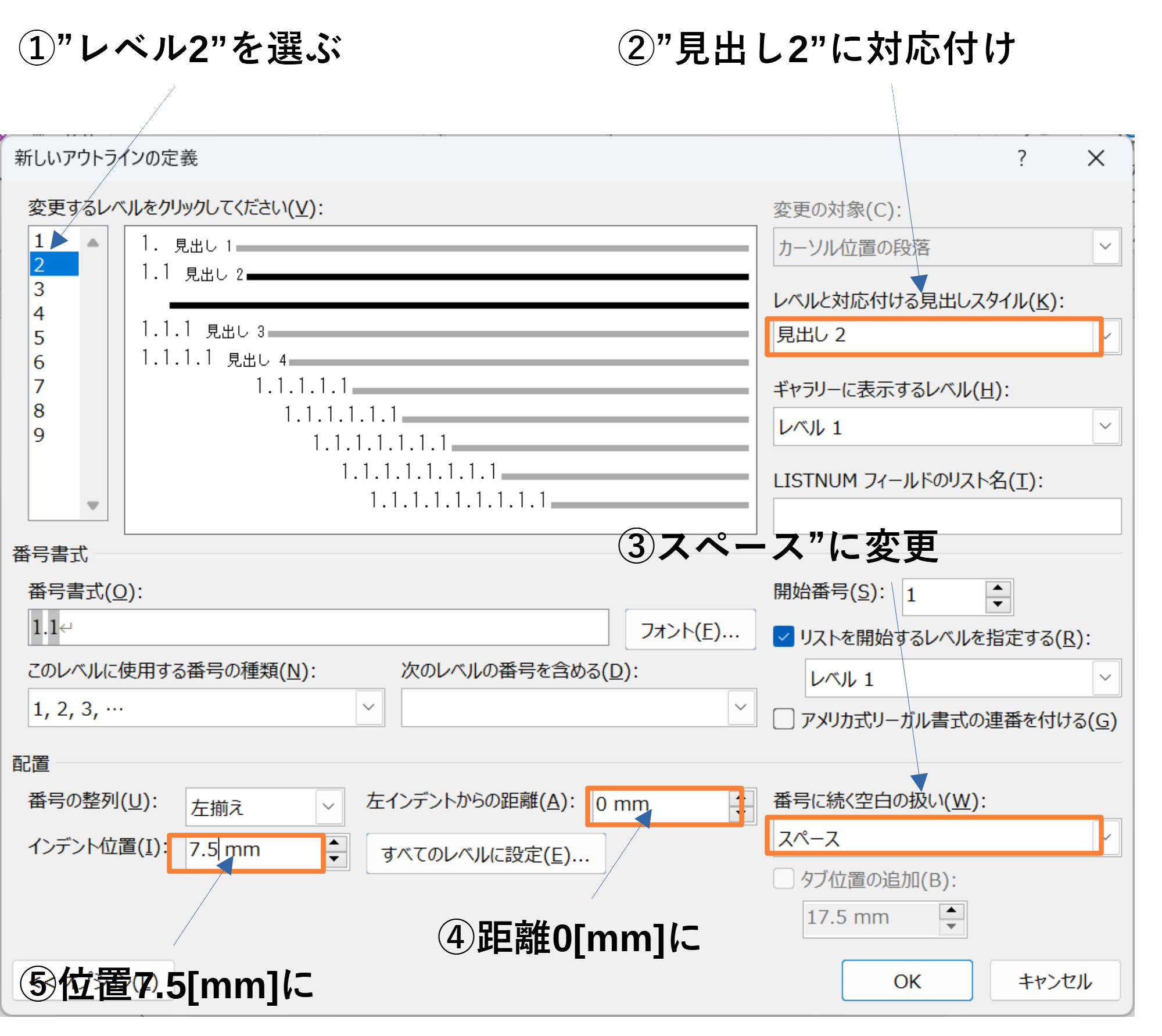 見出し2のアウトライン設定