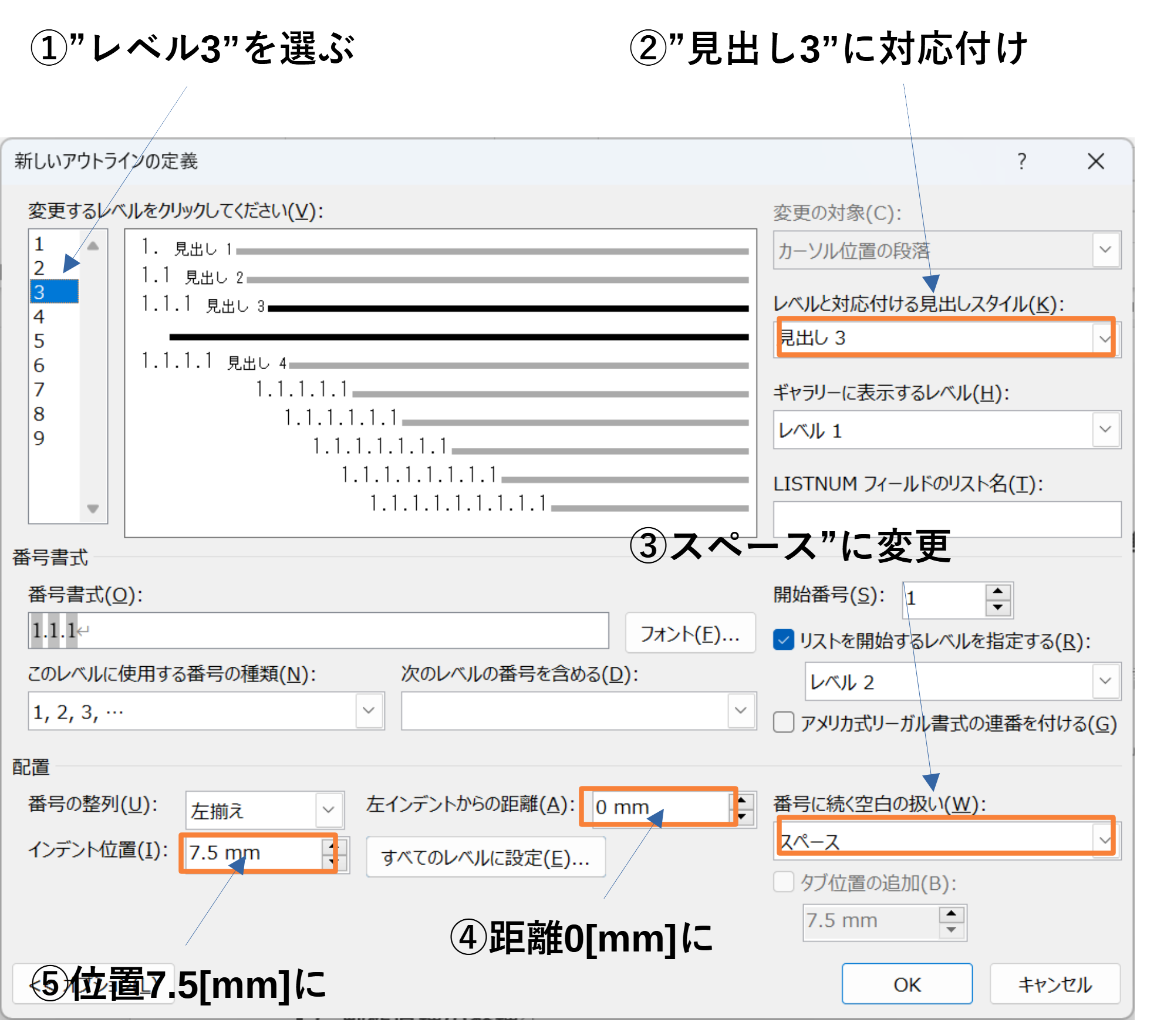 見出し3のアウトライン設定