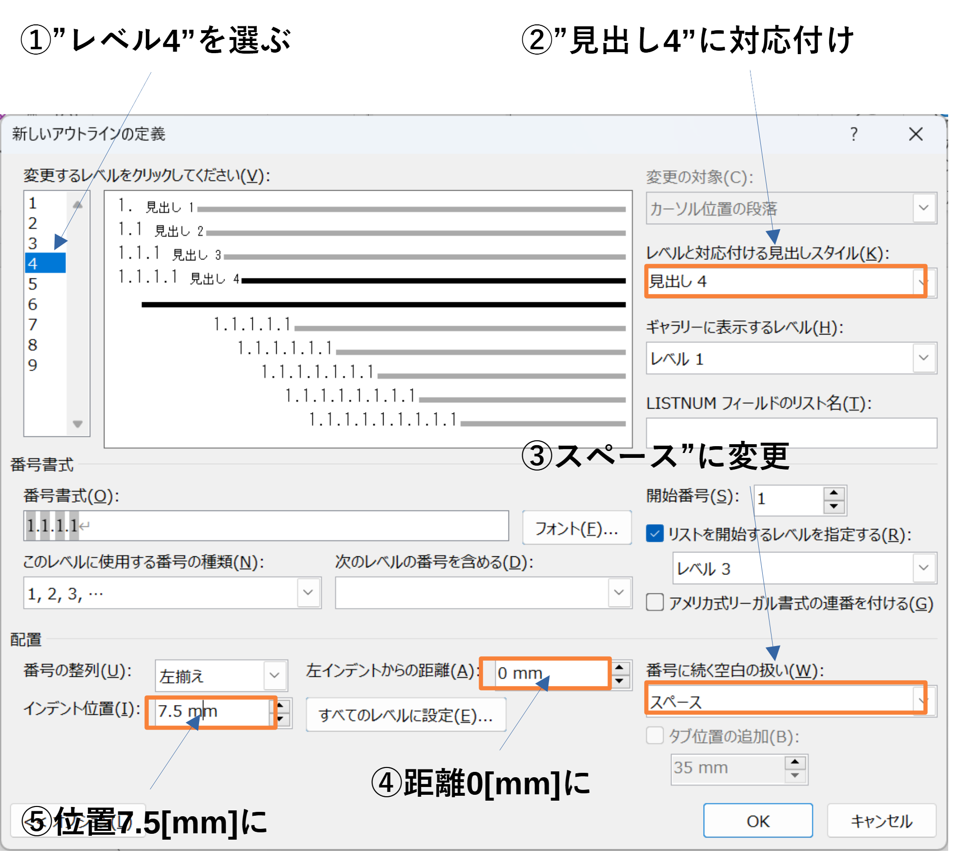 見出し4のアウトライン設定