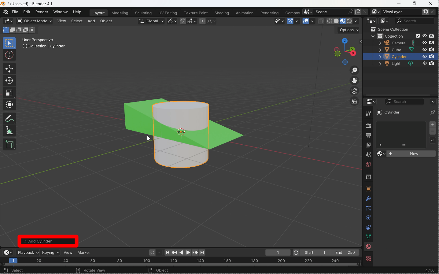 ワークスペース下部のAdd Cylinderの項目をクリック