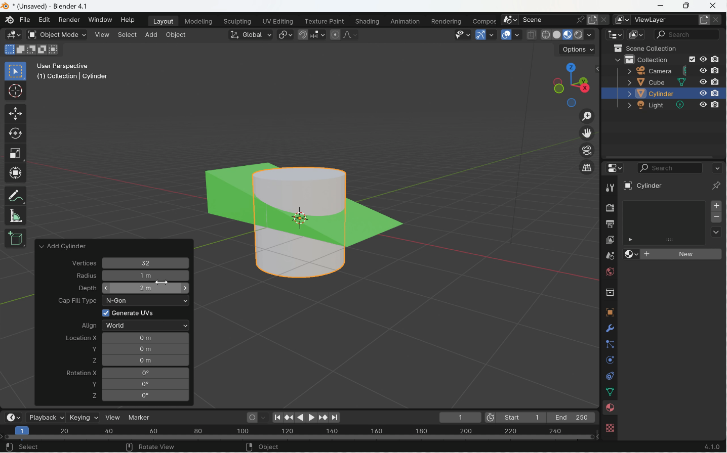 ワークスペース下部のAdd Cylinderの項目をクリック